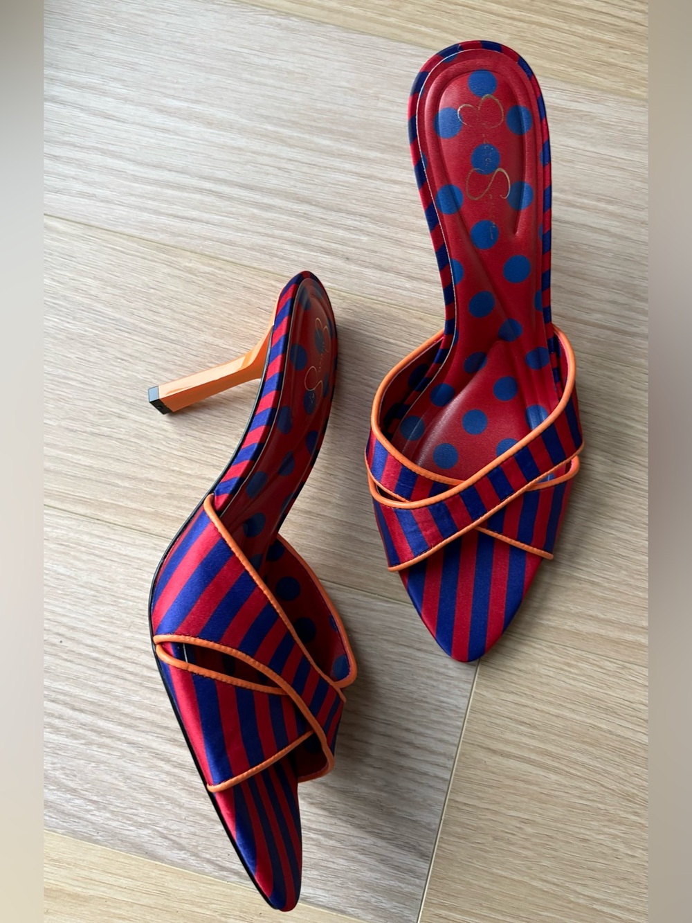 Red and Blue Striped Satin Mules with Orange Trim